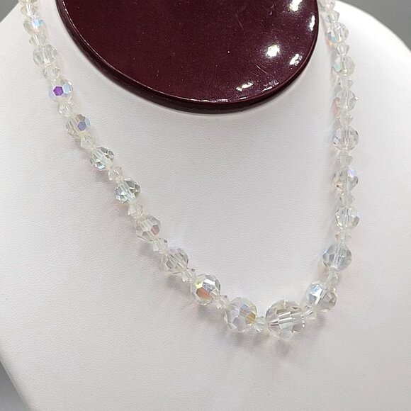 AB Beaded Graduated Necklace Silver Tone Hook Crystal Accent Vintage 15" Japan - Picture 2 of 7